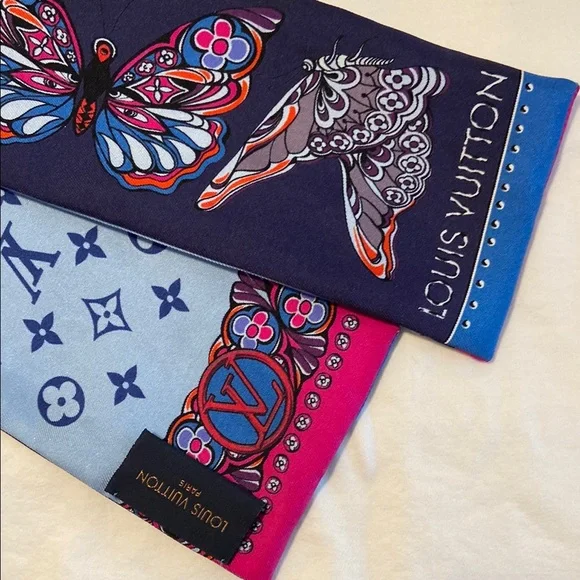Louis Vuitton Bandeau Blue and Hot Pink Scarf Butterfly and Mono - Picture 2 of 9